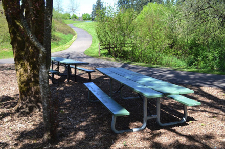 Picnic bench along paved perimeter trail